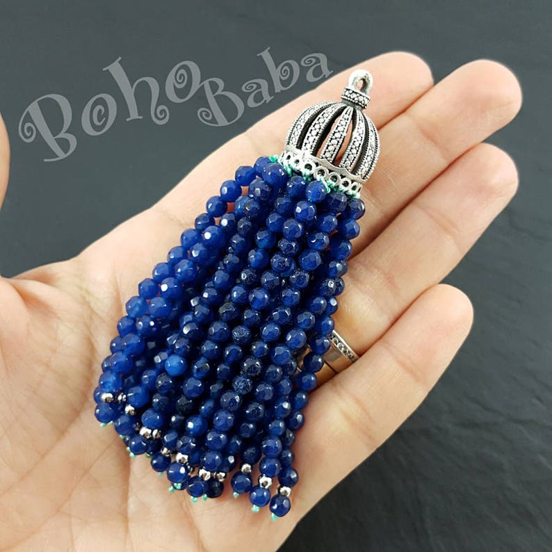 Gemstone Tassel Beaded Tassel Antique Silver Plated Oriental Tassel Cap Blue Jade Beaded Tassel Bohemian Jewelry
