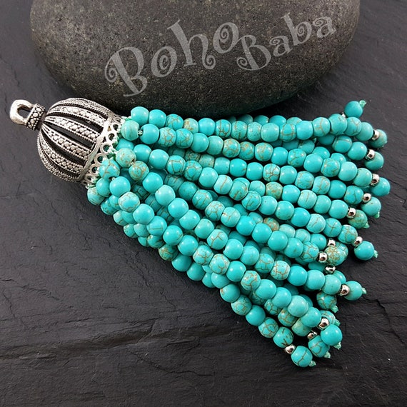 ECSiNG Collana Lunga Bohémien In Turchese Artificiale 8mm - Con Nappe Annodate A Mano, Stile Vintage, Regolabile, 52 Cm