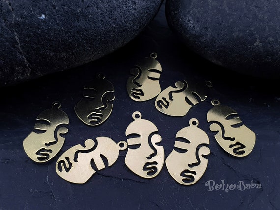 Brass Face Charms, Raw Brass Jewelry Findings, Face Earring Charms, 20 Pc