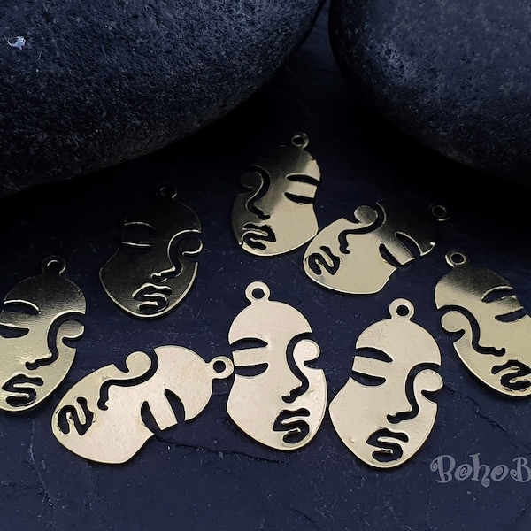 Brass Face Charms, Raw Brass Jewelry Findings, Face Earring Charms, 20 Pc