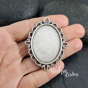 Antique Silver Plated Resin Jewelry Tray Blanks, Large Round Bezel Blank, Cameo Cabochon Base Setting, Photo Frame Pendant, 1Pc