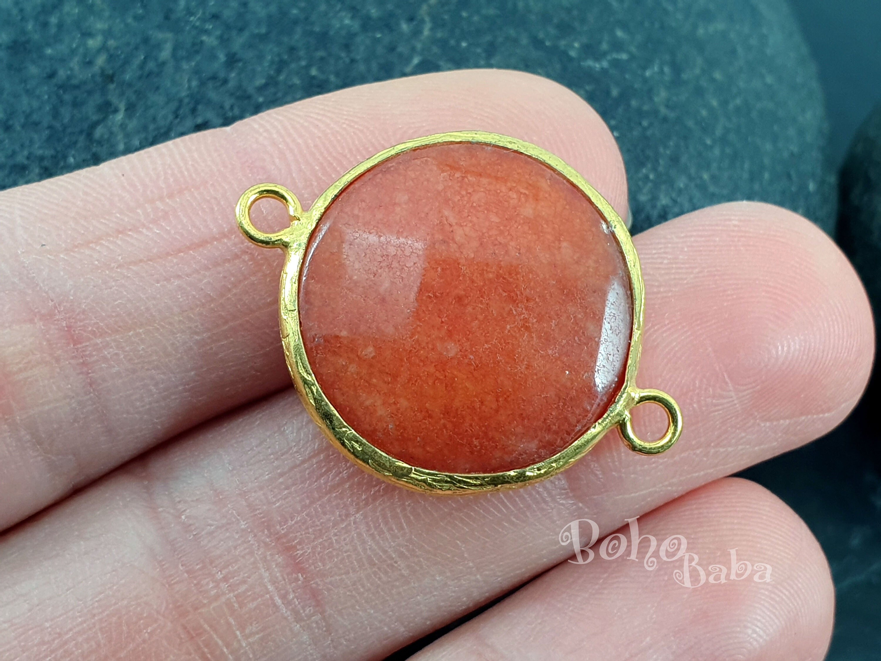 Orange Jade Connector, Double Bail Charm, Gold Plated Hammered Bezel Connector Link, Gemstone Bracelet Charm, 22mm, Connector Station