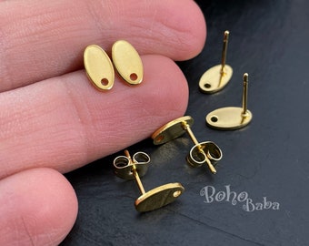 Gold Plated Oval Stud Earrings, Oval Ear Posts with Hole, Oval Earring Posts, Gold Earring Blanks