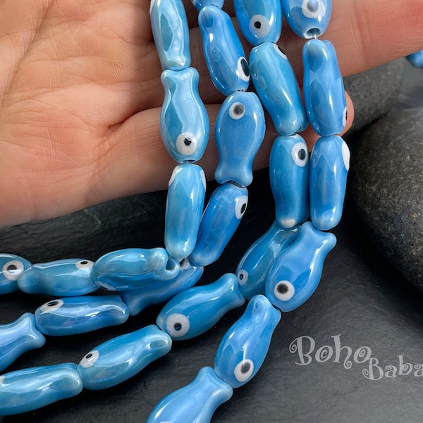 Ceramic Fish Beads, Ceramic Blue Fish Charms, Handmade Porcelain Fish Beads, Ceramic Evil Eye Beads, 3pc