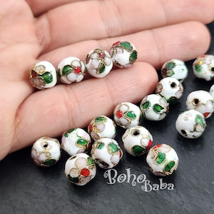 Handmade Cloisonne White Ball Beads, Floral Enamel Round Brass Beads, Vintage Style Cloisonne Spacers, 5 Pc