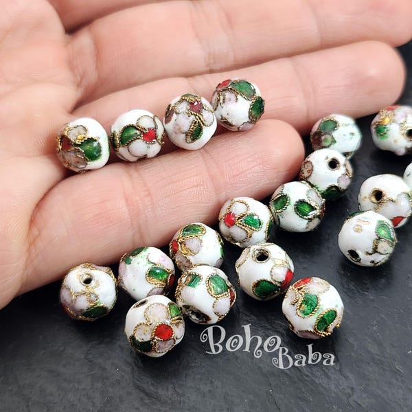 Handmade Cloisonne White Ball Beads, Floral Enamel Round Brass Beads, Vintage Style Cloisonne Spacers, 5 Pc
