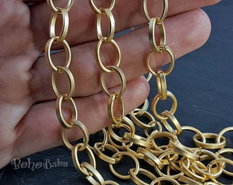 Matte Gold Plated Large Chain, Unsoldered Oval Link Cable Chain, Chunky Necklace, 1 Meter