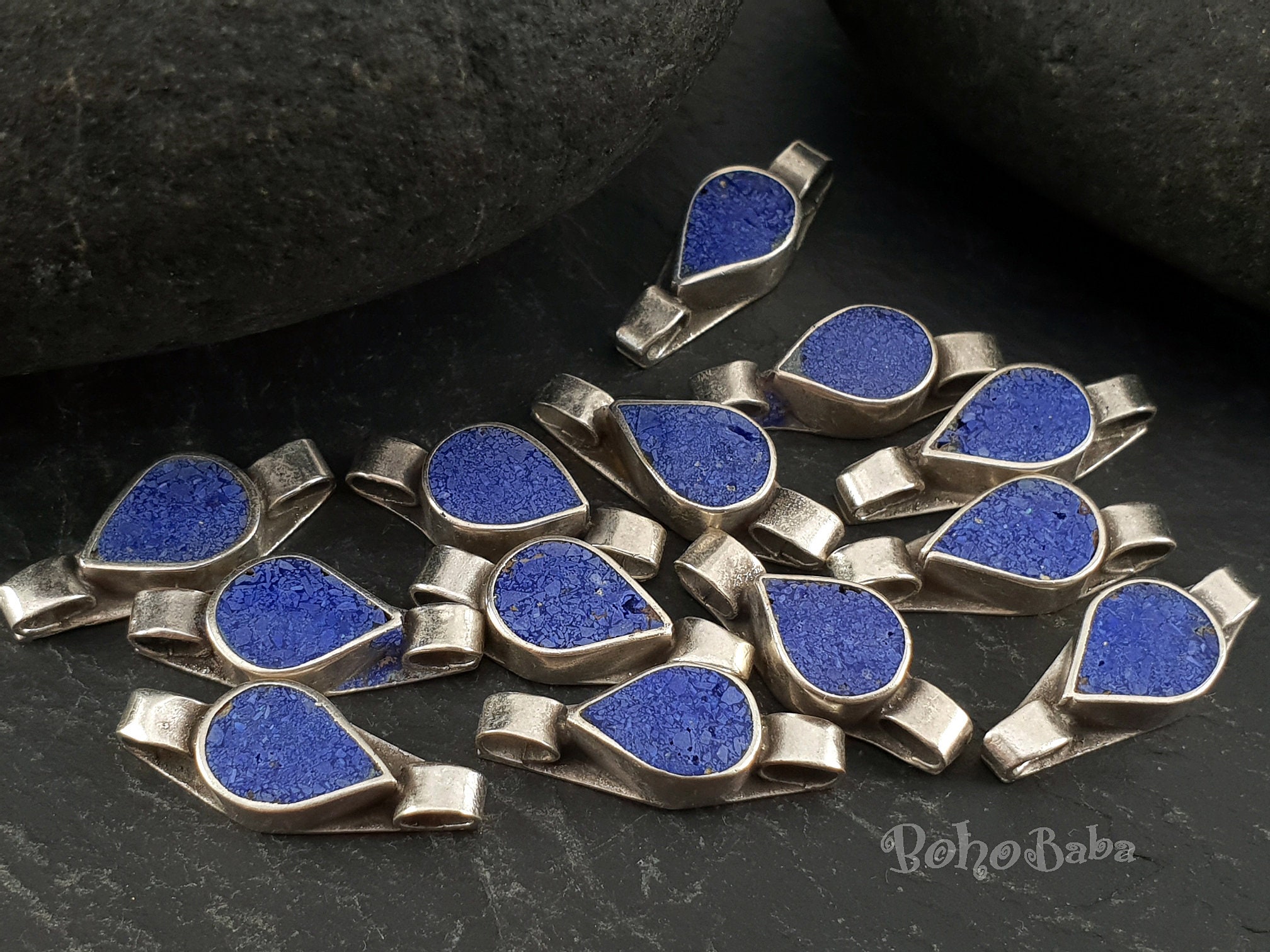 チベットのハンドメイドラピスラズリインレイティアドロップシルバー