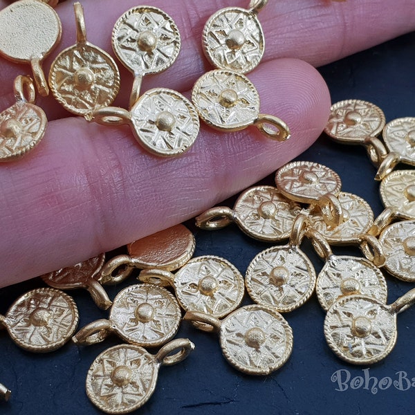 Mini Coin Charms, Tribal Coin Charms, Round Drop Charms, Rustic Tibetan Jewelry, Gold Coins, Coin Findings, Coin Charms, 10 Pc