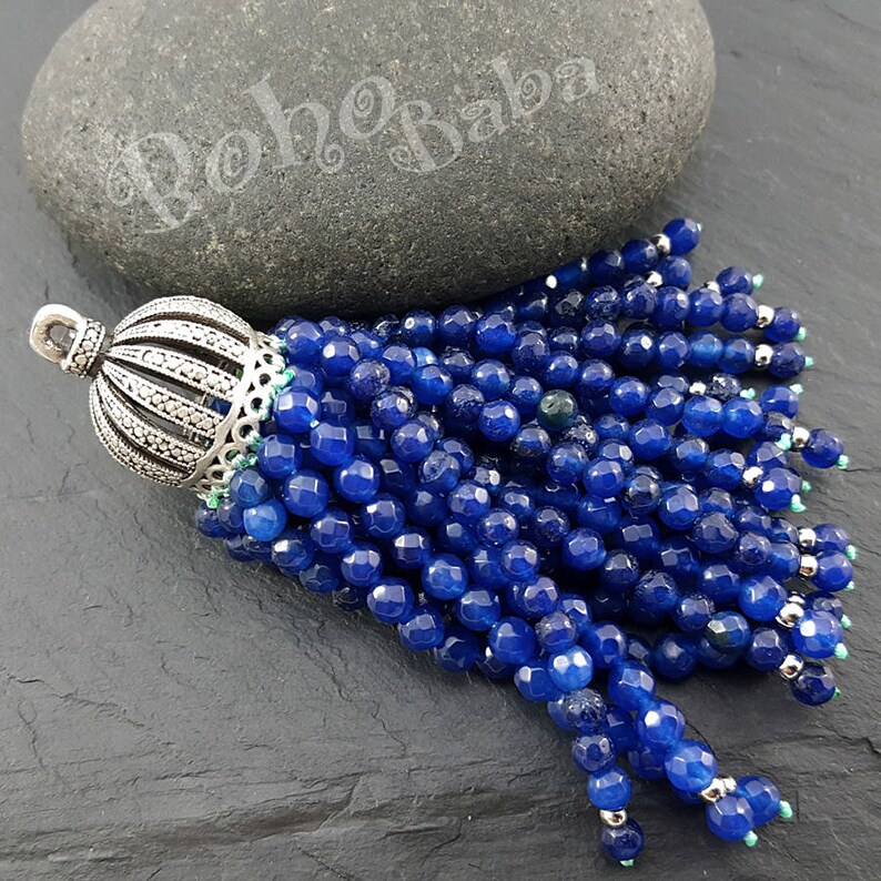 Gemstone Tassel Beaded Tassel Antique Silver Plated Oriental Tassel Cap Blue Jade Beaded Tassel Bohemian Jewelry
