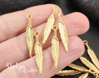 Matte Gold Plated Feather Charms, Mini Feather Pendants, 10 pc