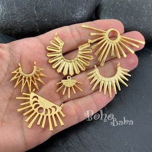 Matte Gold Plated Brass Sun Charm Collection, Sun Ray Charms, Sunshine Charms, Tribal Sunburst Charms, 6Pc