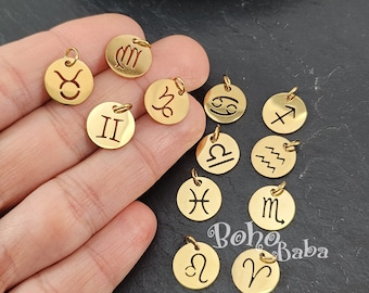 Stainless Steel Gold Horoscope Charms with Jump Ring, Constellation Charms, Gold Zodiac Charms