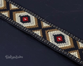 Jacquard Ribbon, 25mm Wide, Jacquard Trim, Embroidered Woven Ribbon, Brown Ethnic Ribbon, Tribal Pattern Ribbon, 1 Meter - 1.09 Yards