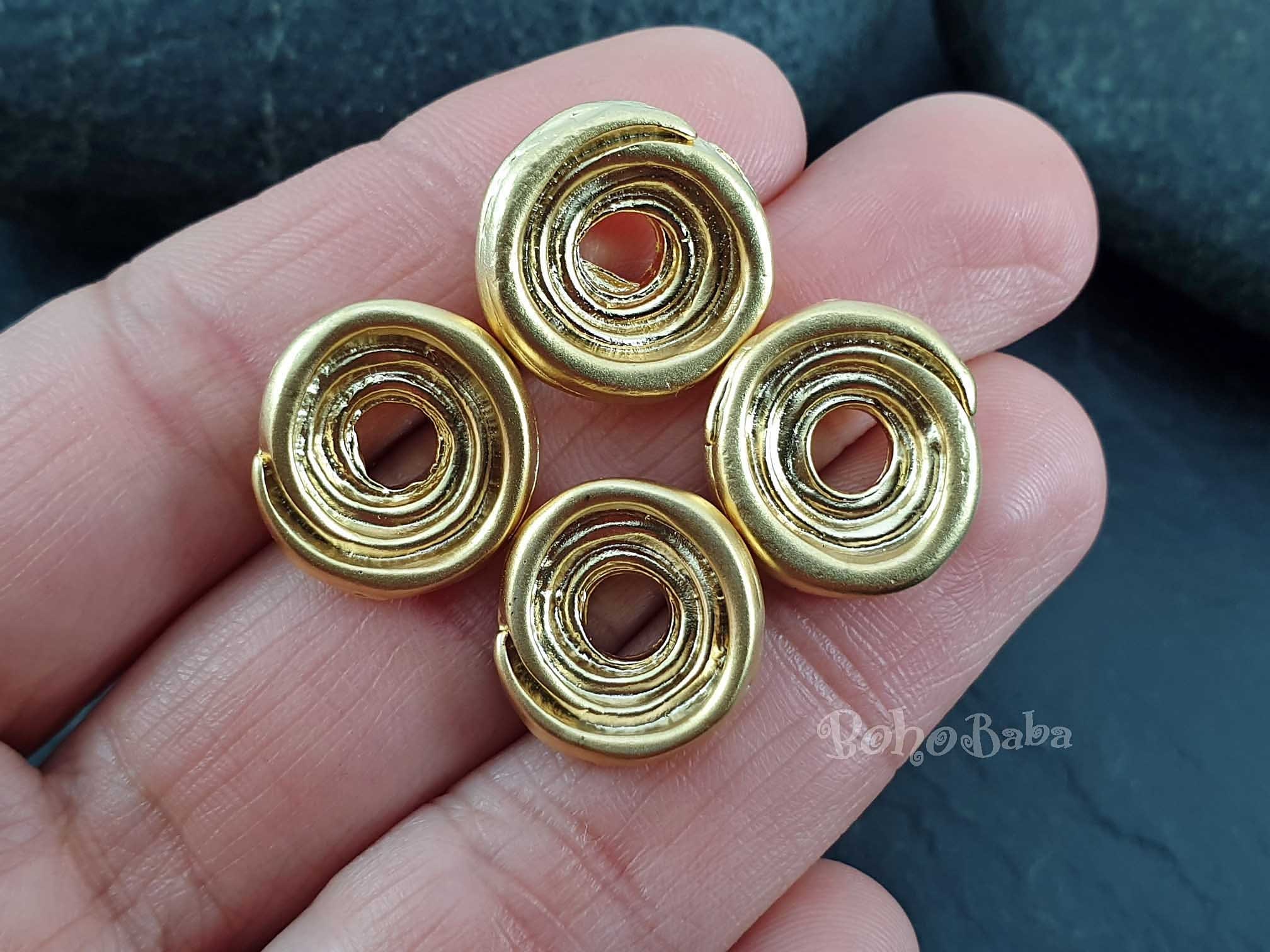 Large Gold Beads, Tribal Gold Spacer Beads, Gold Mala Beads, Gold Spiral Beads, Large Hole Beads, 2Pc