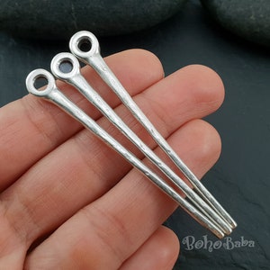 Antique Silver Plated Rod Charms, Long Silver Bar Charms, Rustic Silver Stick Pendant, 4Pc