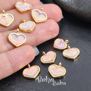 Shiny Gold Plated Cats Eye Heart Charm, Peach Pink Crystal Heart Pendant