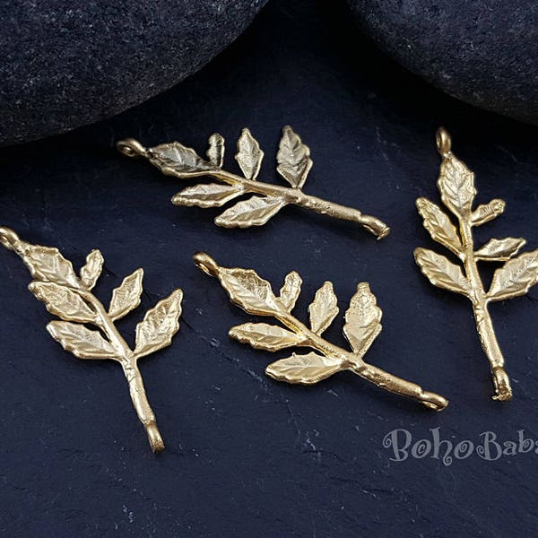 Gold Leaf Branch Connectors, Gold Leaf Branch Charms, Leaf Branch Pendants, Gold Leaf Findings, Gold Jewelry Findings, 4pc