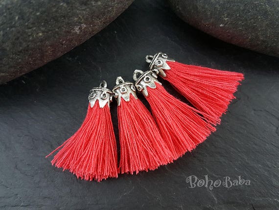 Orange Red Mini Cotton Tassels, Tassel Jewelry, Mini Boho Tassels, Tassel  Bracelet, Antique Silver Plated, Mini Tassels Earring Tassels