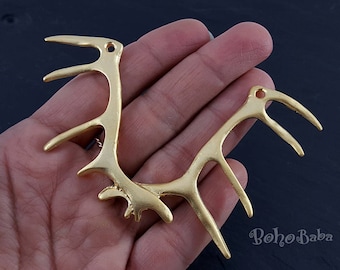 Matte Gold Plated Large Antler Pendant, Deer Antler Charm