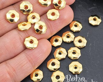 Shiny Gold Plated Hexagon Spacer Beads, Gold Saucer Beads, Round Gold Jewelry Beads, 10 pc