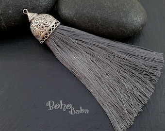 Gray Silk Tassel, Extra Large Tassel, Large Tassel Pendant, Thick Silk Tassel, Tassel Pendant, Silver Tassel Findings, Bohemian Jewelry