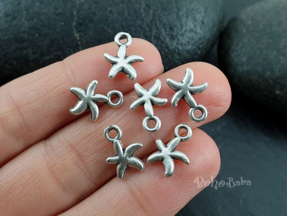 Silver Starfish Charms, Sea Star Pendant, Mini Star Charms, Silver Sea Star, Silver Starfish, Tiny Star Charms, Starfish Necklace, 15Pc