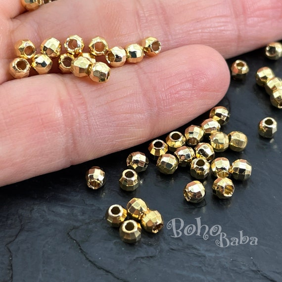 Shiny Gold Plated Faceted Ball Beads, Round Gold Spacer Beads, 3mm