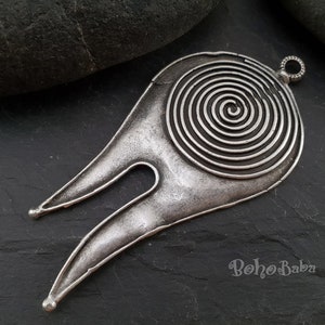 Large Silver Swirl Pendant, Silver Boho Focal Pendant, Tribal Spiral Pendant, 1 Pc