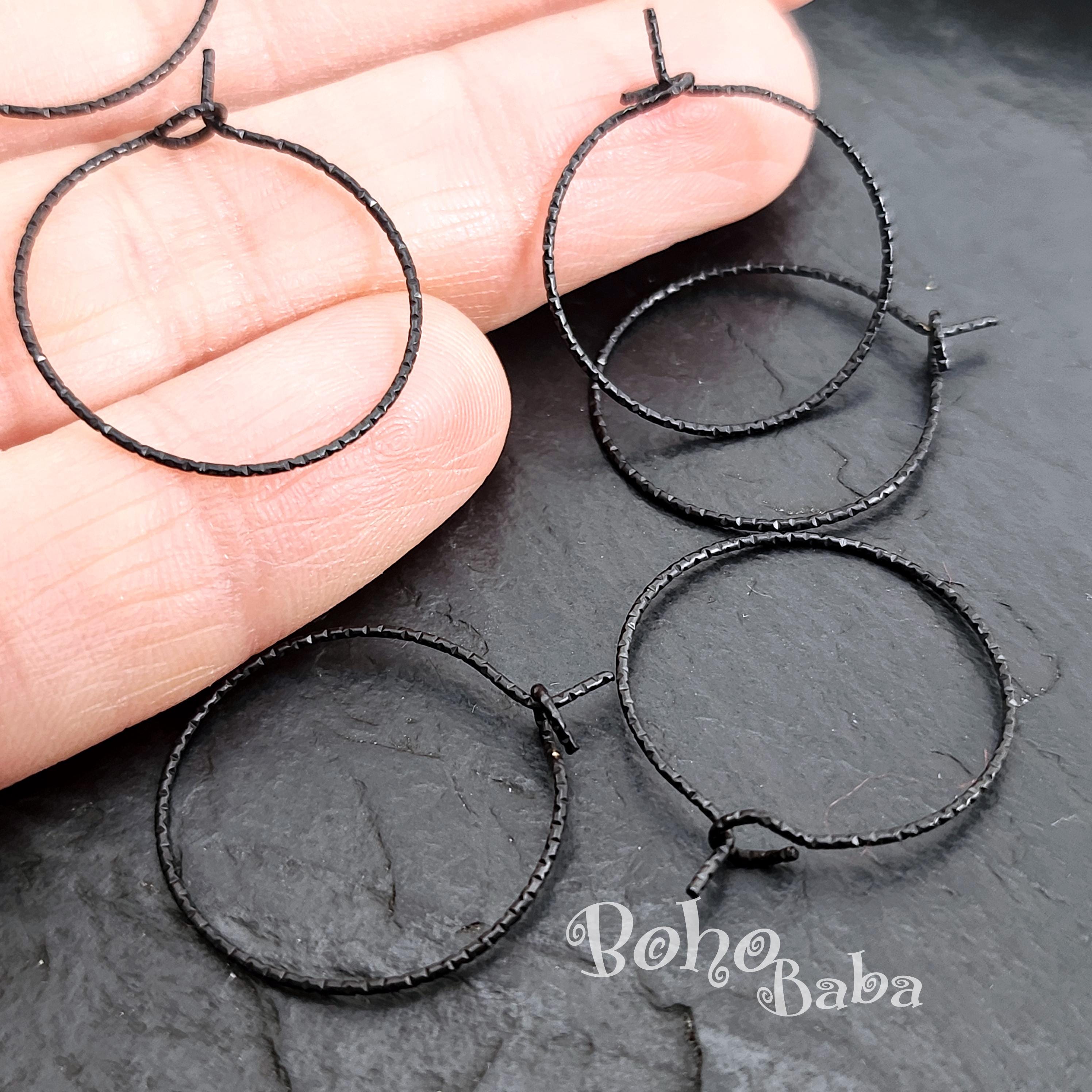 Black Earring Hoops, 25mm, Textured Black Ear Hoop Blanks, Black Round Circle Hoop Ear Wires, 6 Pc