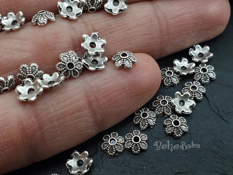 Bead Caps Silver Bead Caps 30 Pc Bead End Caps Mini Flower Bead Caps Tiny Bead Caps Silver Bead Ends Silver Plated Mini Bead Caps