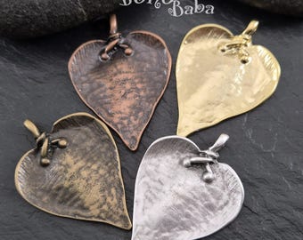 Large Heart Pendant, Gold Silver Copper Bronze Heart Charm, Tribal Ethnic Heart Findings, Boho Jewelry