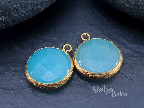 Aquamarine Blue Jade Pendant, Round Gemstone Pendant, Gold Plated