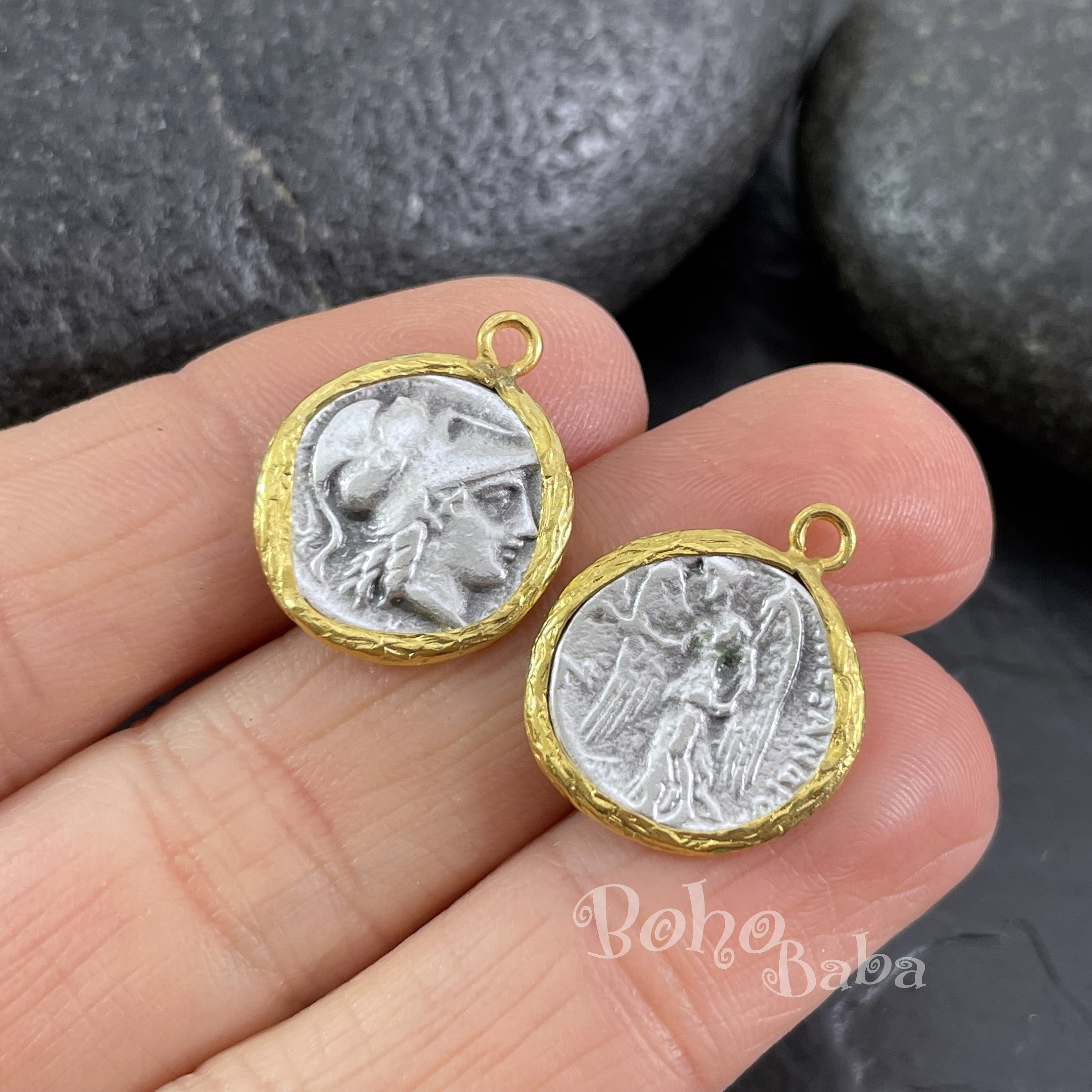 古代 (3世紀) ローマ 銀貨 アクセサリー 18金 枠 & チェーン Greek