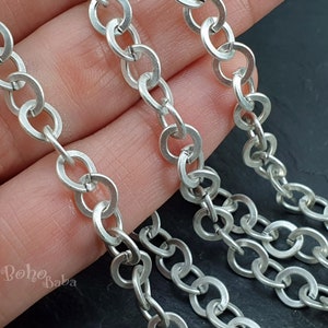 May include: Close-up of silver chain links. The chain is made of thick, round links that are interlocked. The chain is lying on a hand, and the background is a dark, textured surface.