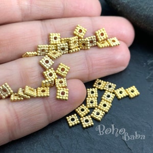 Gold Spacer Beads, Mini Square Beads, Gold Square Beads, Tribal Jewelry Spacers, Tiny Gold Beads, Flat Beads, Gold Jewelry, 20 Pc