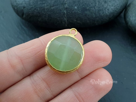 Peridot Green Jade Pendant, Gemstone Charm, Gold Plated Hammered