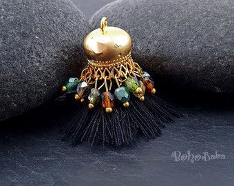 Black Cotton Tassel, Tassel Findings, Mini Boho Tassel, Tassel Bracelet, 22K Gold Plated Jewelry, Beaded Tassel, Earring Tassels, 1Pc
