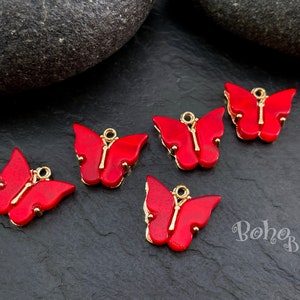 Shiny Gold Plated Resin Butterfly Charm, Red Butterfly Charms, 1 Pc