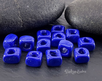 Perles de verre bleu royal, Cubes de verre, Perles carrées, Collier de perles, Pendentif en verre, Perles de chalumeau turques, Perle de verre faite main