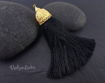 Extra Large Black Silk Tassel Pendant with Gold Cap (125mm)