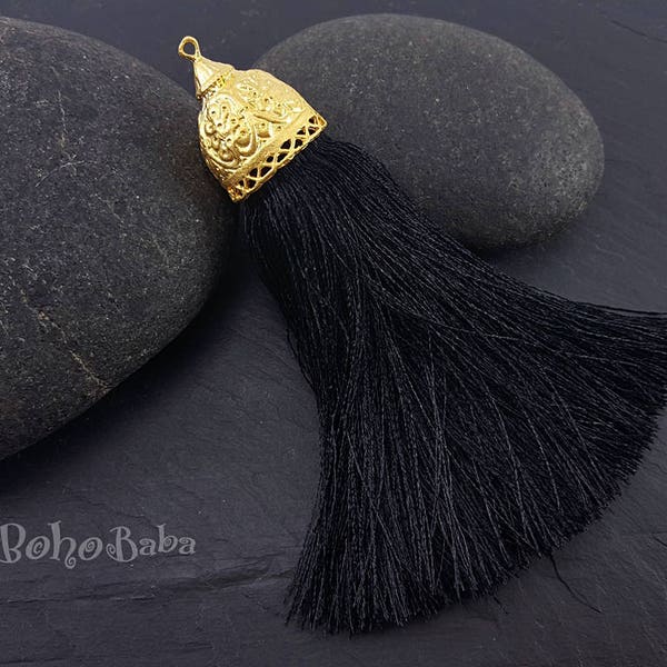 Extra Large Silk Tassel Pendant, Black Silk Tassel, Thick Silk Tassel, Gold Cap Silk Tassel Jewelry Findings