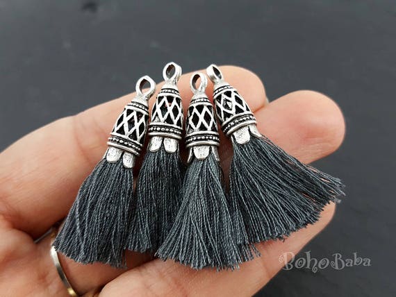 Dark Gray Mini Cotton Tassels, Tassel Jewelry, Mini Boho Tassels, Tassel  Bracelet, Antique Silver Plated, Mini Tassels, Earring Tassels