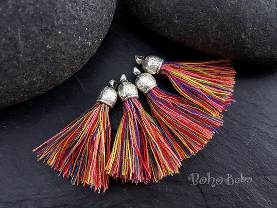 Multicolor Mini Cotton Tassels, Tassel Jewelry Mini Boho Tassels Tassel  Bracelet Antique Silver Plated Jewelry, Mini Tassels Earring Tassels