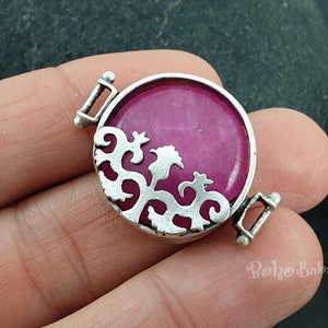 Round Gemstone Pendant, Ruby Red Jade Connector Station, Antique Silver Plated, Double Bail Bracelet Findings