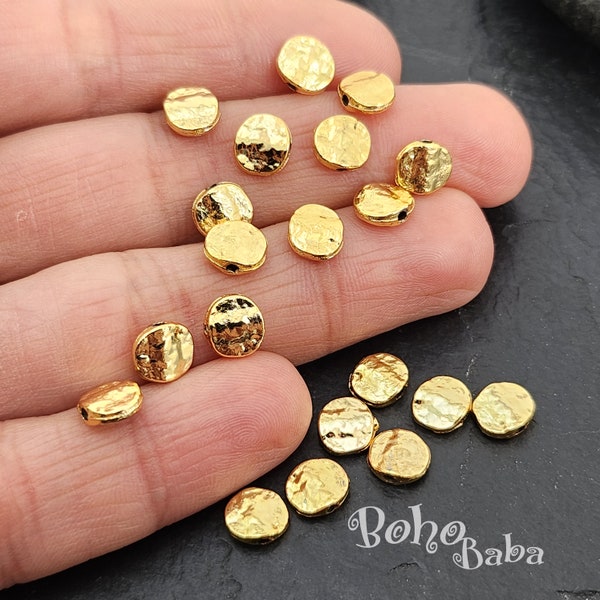 Shiny Gold Plated Hammered Saucer Beads, Disc Spacer Beads, Round Gold Spacer Beads, Gold Jewelry Spacers Beads, 10 Pc