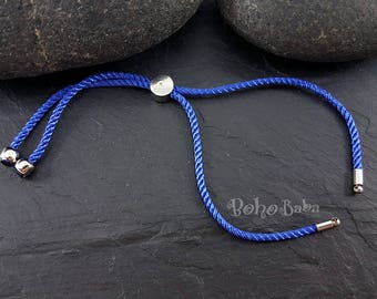 Blue Cord Bracelet, Friendship Bracelet, 2mm Adjustable Cord Bracelet Blanks, Adjustable Sliding Silver Clasp, Cord Connector