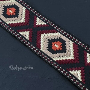 Ruban jacquard, 32 mm de large, bordure jacquard, ruban tissé brodé, ruban ethnique bordeaux, ruban à motif tribal, 1 mètre