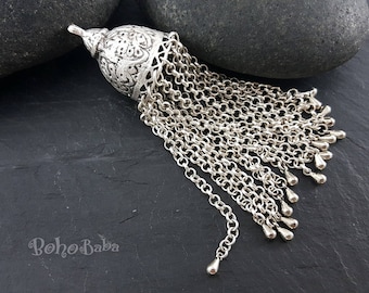 Antique Silver Plated Chain Tassel Pendant with Mini Drop Charms, Metal Tassel Charm