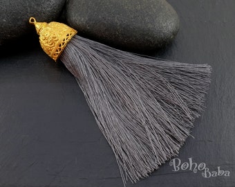 Gray Silk Tassel, Extra Large Tassel, Large Tassel Pendant, Thick Silk Tassel, Tassel Findings, Gold Tassel Jewelry